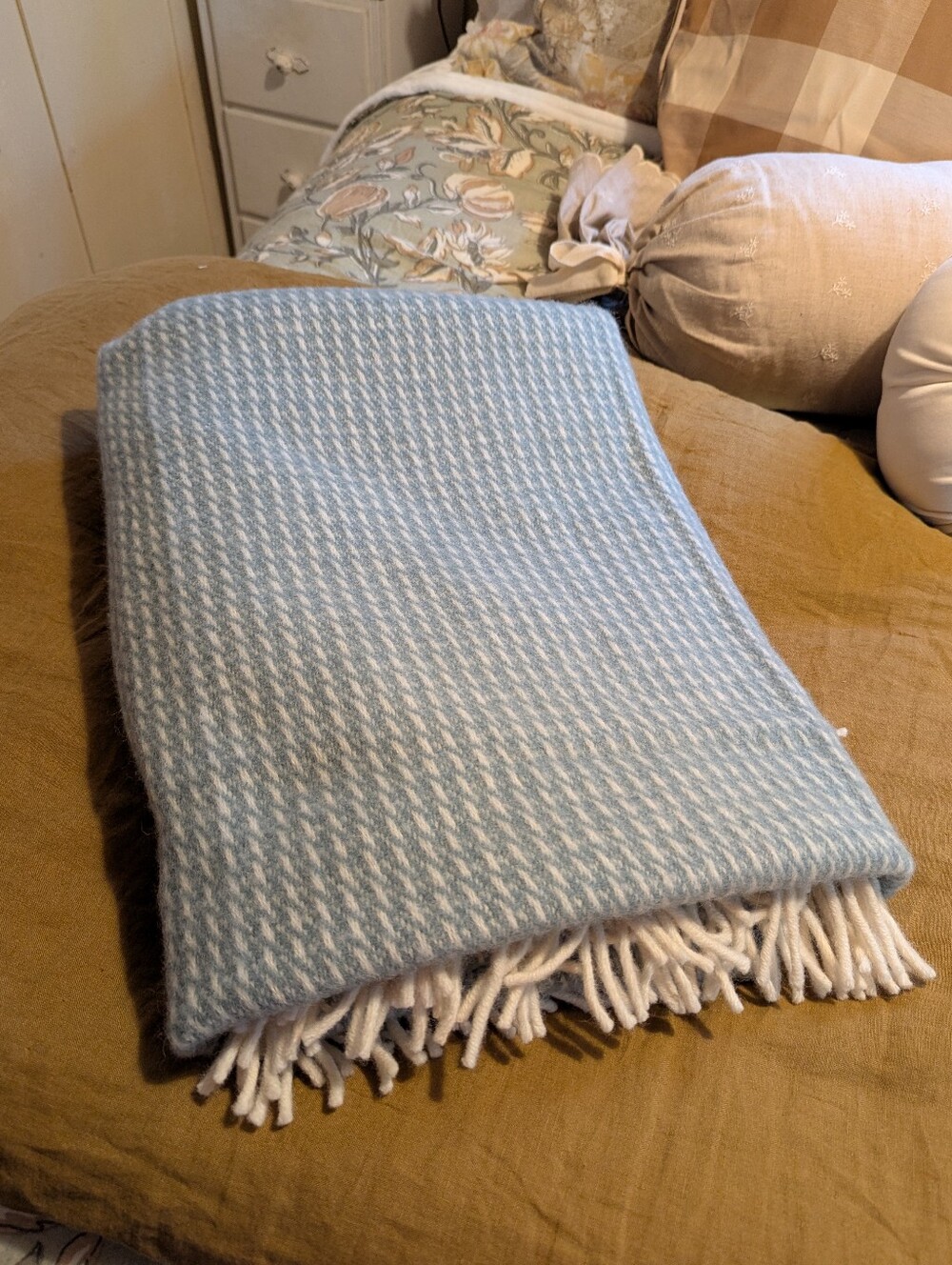 Blue and White Herringbone Throw Blanket - Klippan 100% wool